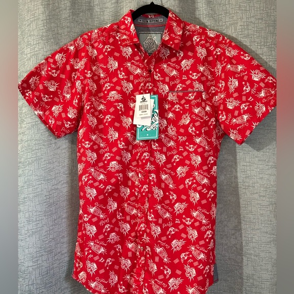 Drill Other - Good Vibes by Drill, Slim Fit Shirt Short Sleeve Button Up Red Cotton.